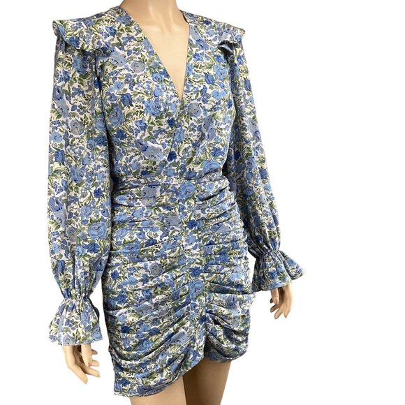 Lavish Alice Mini Dress Size 2 Floral Ruched Mini Dress Ruffled Gathered Sleeves - Picture 3 of 7